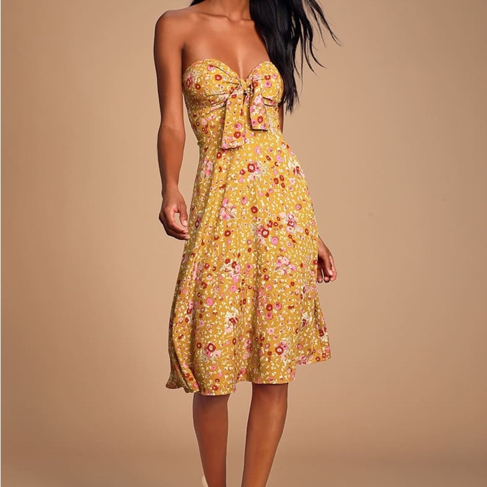 Ava Mustard Yellow Floral Print Strapless Midi Dress